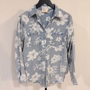 Elie Tahari Whimsical Bohemian Chambray Chic Floral Beach Button Down Small